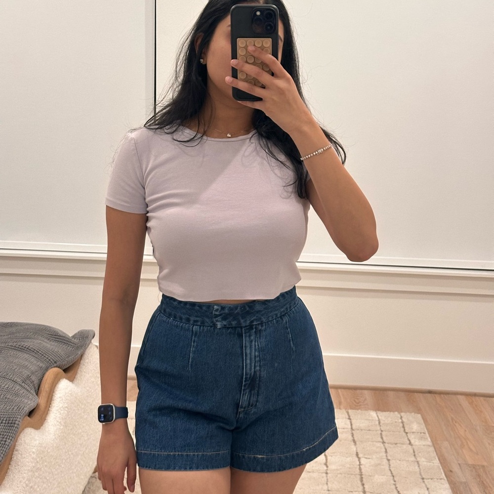 Zara Light Pink Tee and Blue Denim Shorts